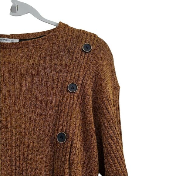 Zara Sweater Medium Womens Brown Ribbed Button Front Long Sleeve Knit Pullover - Picture 4 of 10
